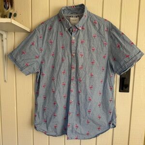 Denim & Flower Mens Blue Chambray button-down short sleeve Flamingo 🦩 Shirt L